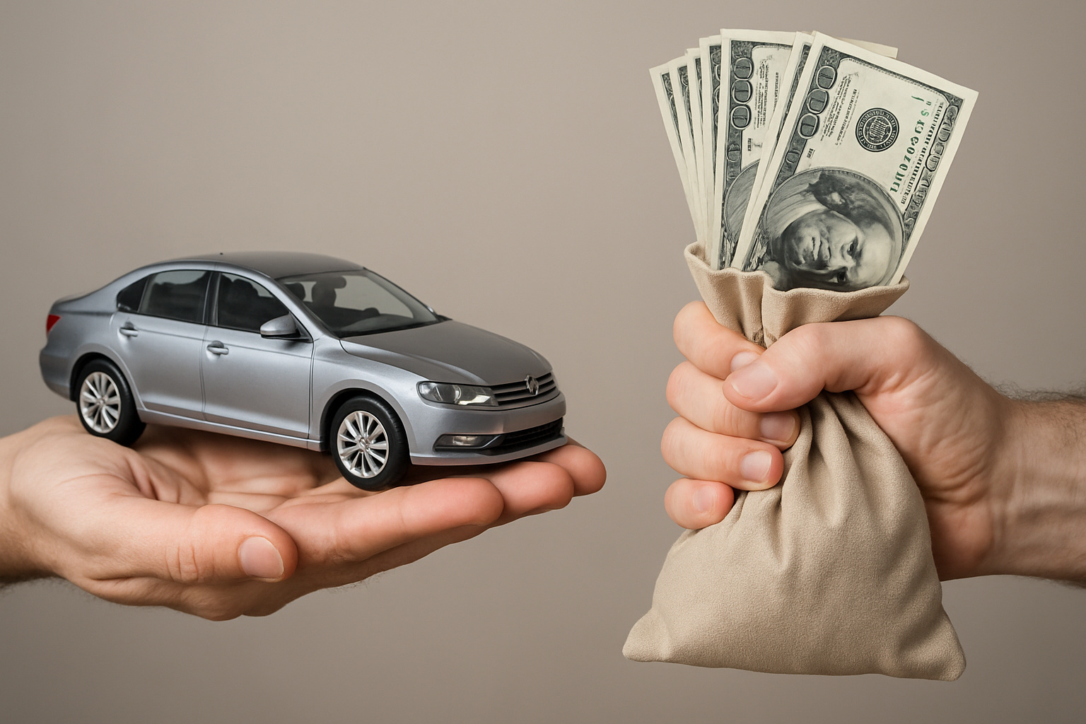 Duas mãos representando negociação: uma segura um carro prateado e a outra segura um malote de dinheiro, simbolizando leasing, aluguel e assinatura de veículos no Brasil.