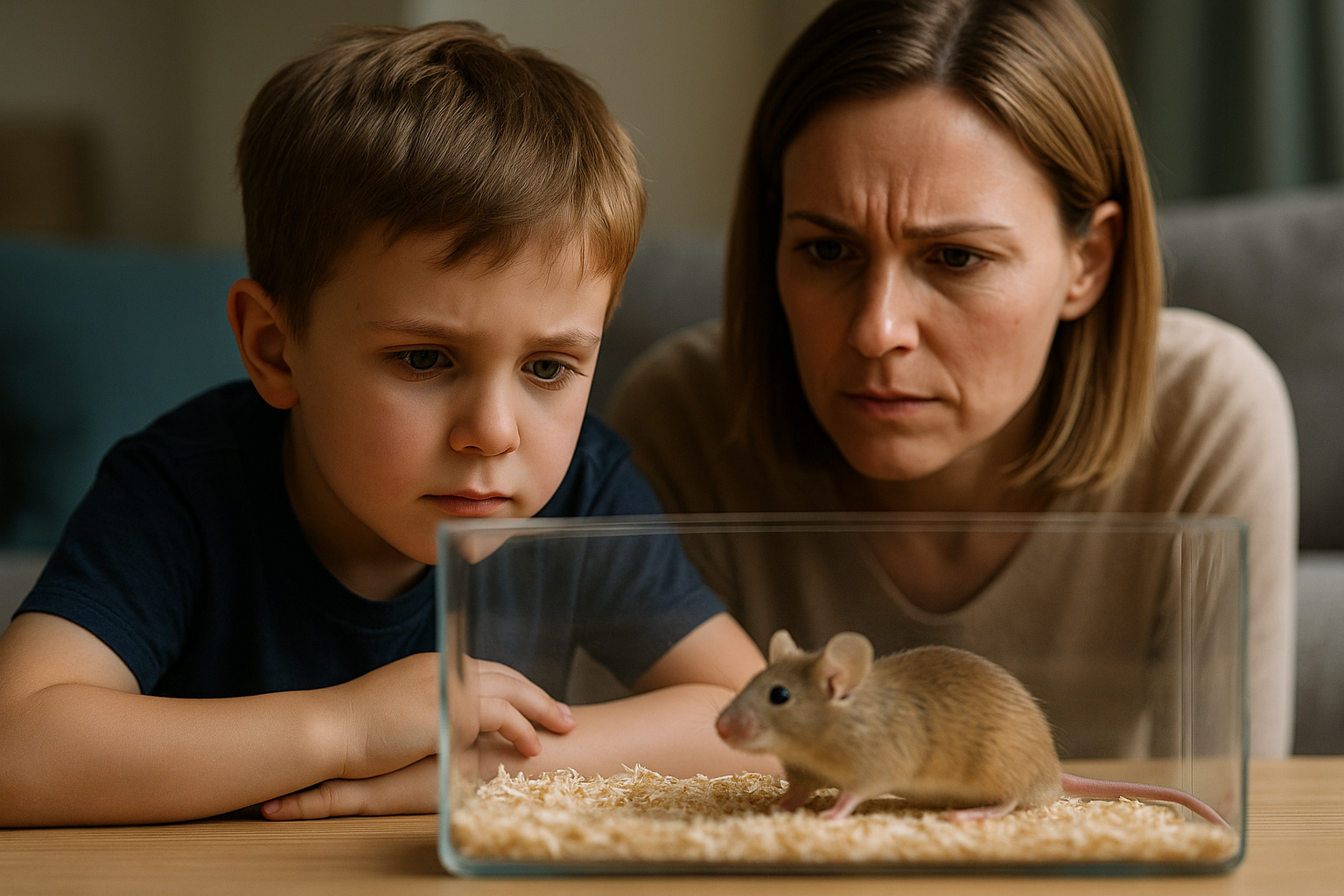 Menino e pesquisadora observando um camundongo em um recipiente transparente durante experimento científico sobre substâncias PFAS e seus efeitos no desenvolvimento.