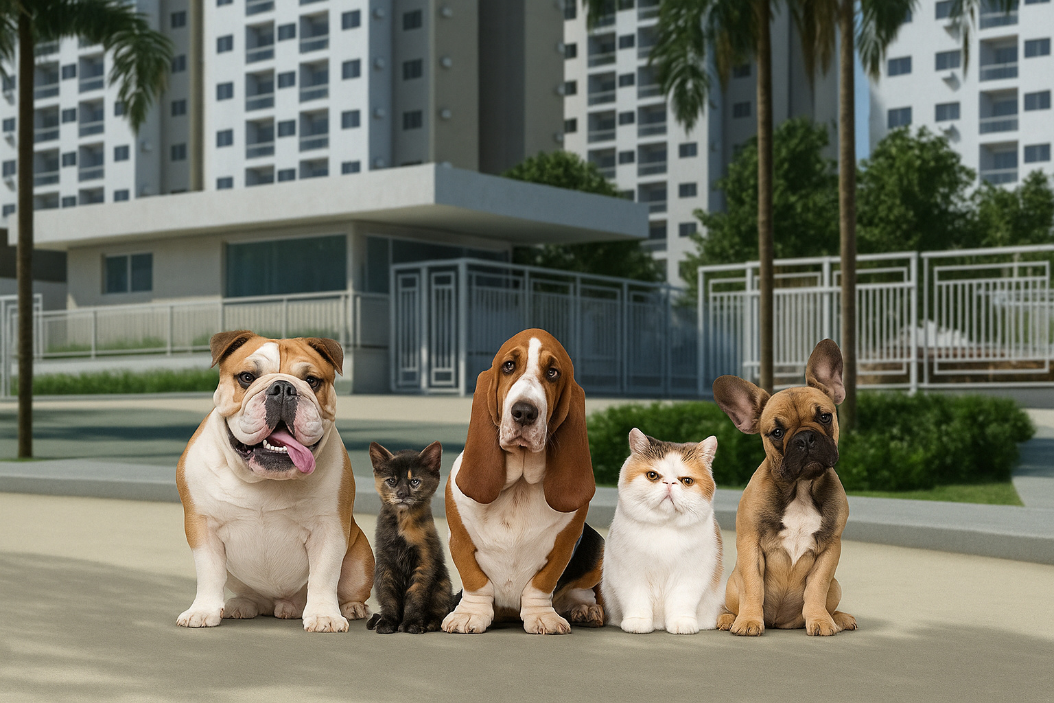 Cães e gatos sentados em frente a um condomínio residencial, representando animais comunitários e a discussão sobre regras condominiais e proteção animal.