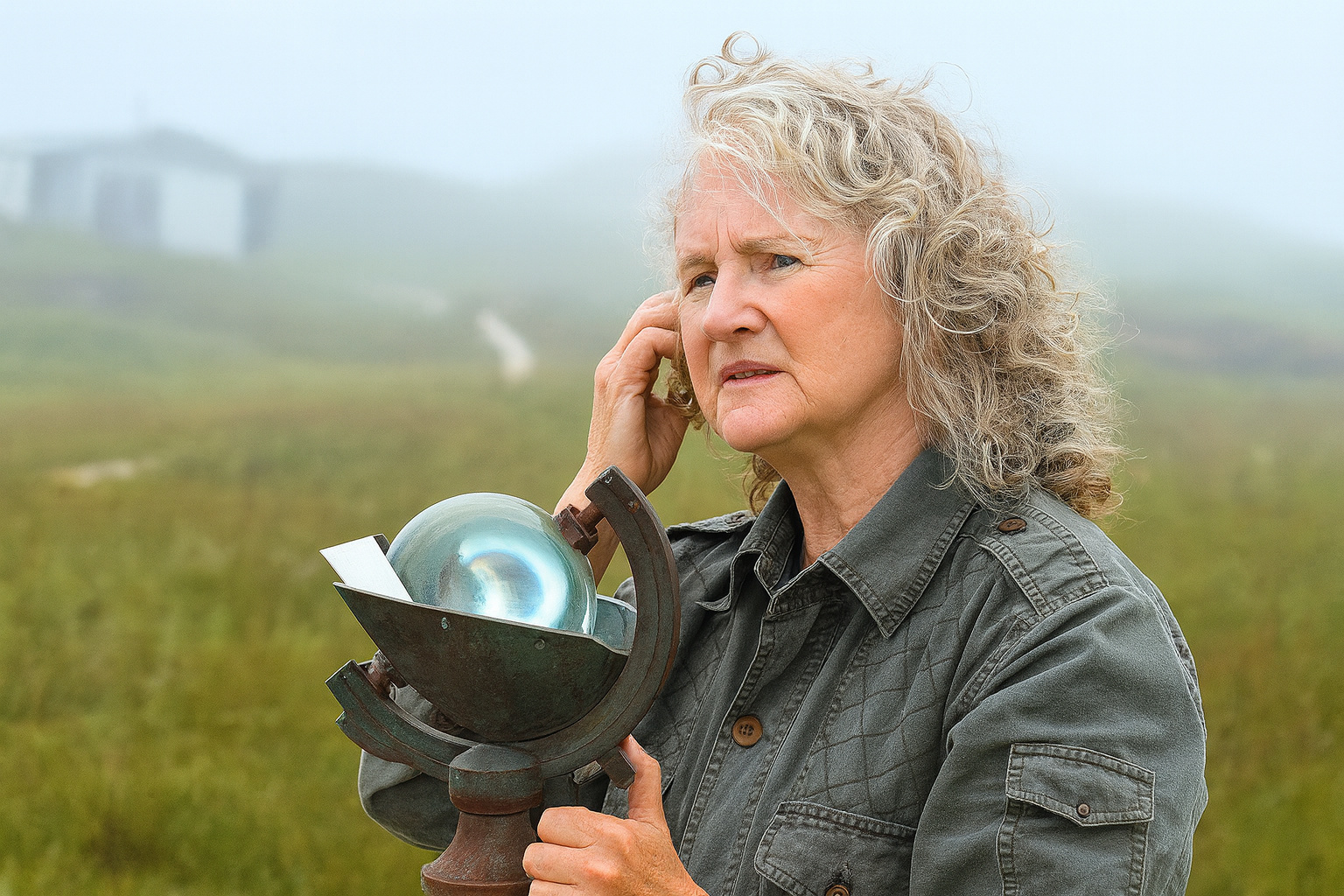Pesquisadora canadense segurando instrumento meteorológico na Ilha Sable em meio à névoa.