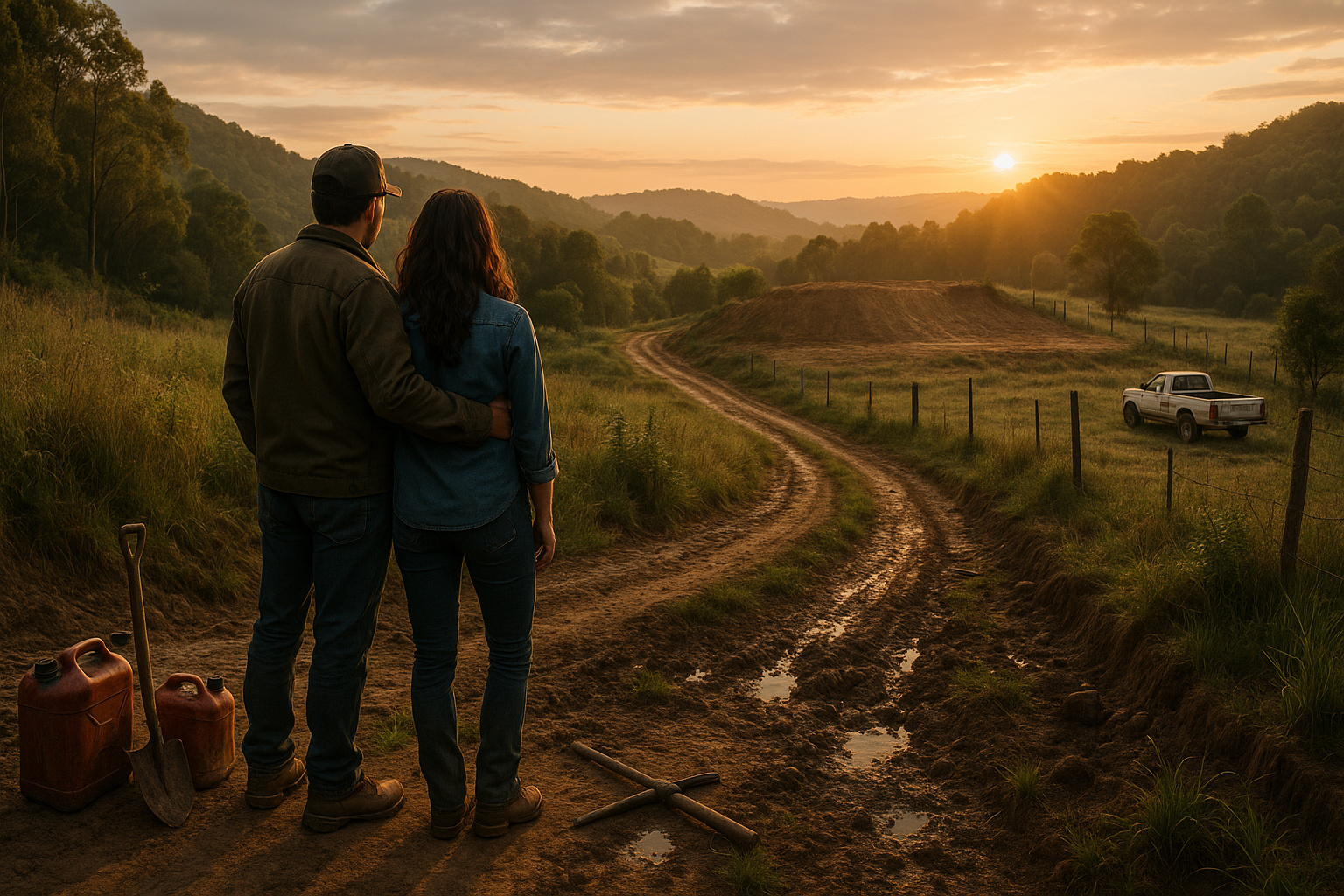 Casal avaliando terreno rural com estrada de terra, mato alto e área acidentada ao pôr do sol.