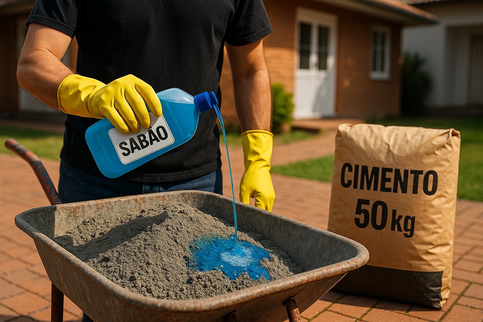 Concreto celular caseiro sendo preparado com espuma de sabão, cimento e misturador adaptado.