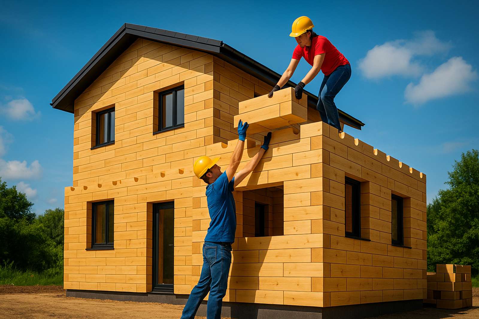 Casa de dois andares montada em cinco dias com blocos de madeira encaixáveis revela sistema rápido, limpo e econômico que elimina cimento e reduz custos