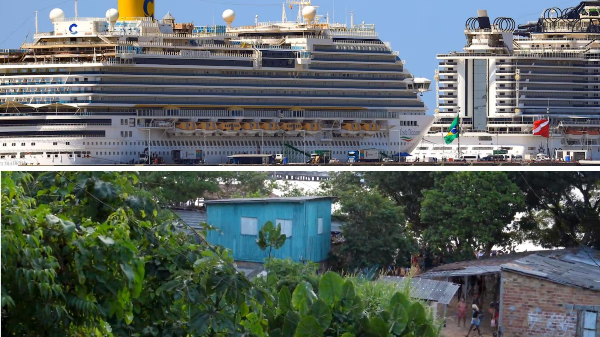 Cruzeiros de luxo da COP30 em Belém atracados próximos a praias sem infraestrutura.