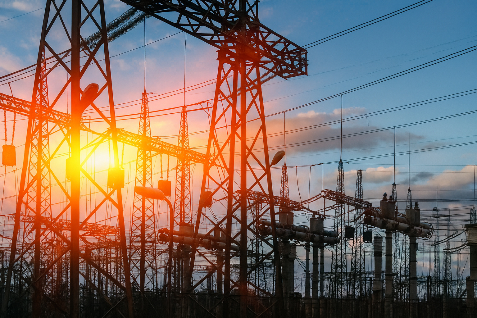 Subestação de energia ao pôr do sol com torres de transmissão e cabos iluminados pela luz intensa do fim de tarde.