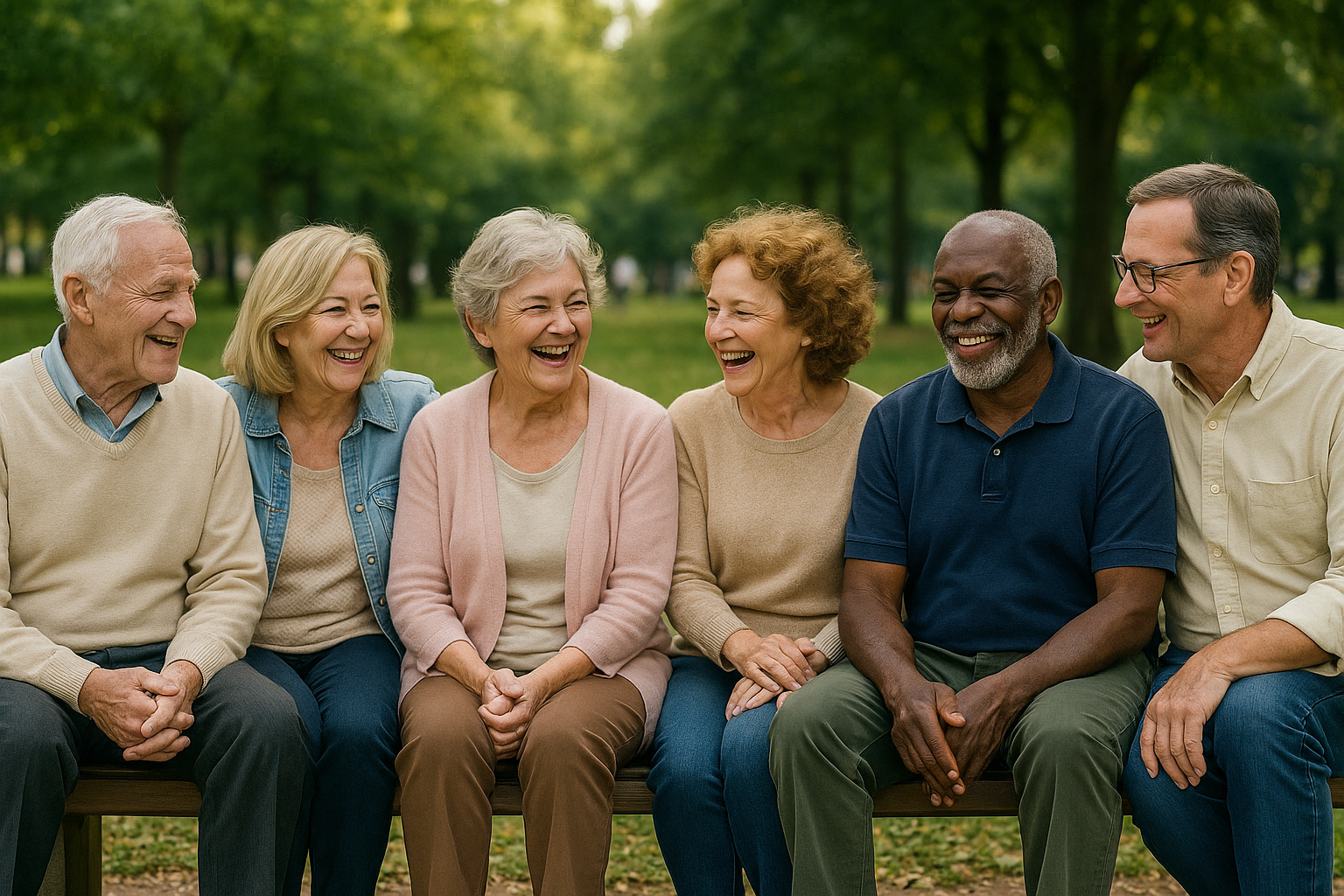Grupo de idosos sorrindo enquanto conversam em um parque, simbolizando convivência, inclusão social e envelhecimento ativo.