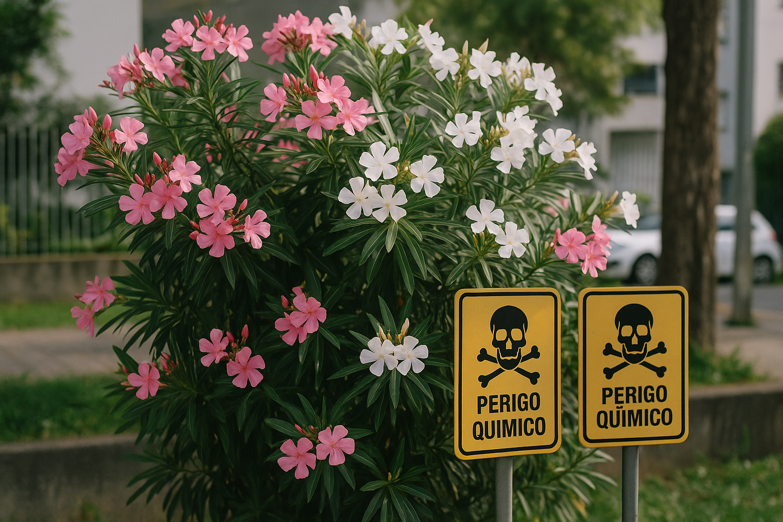 Planta espirradeira com flores coloridas e alerta sobre toxicidade.