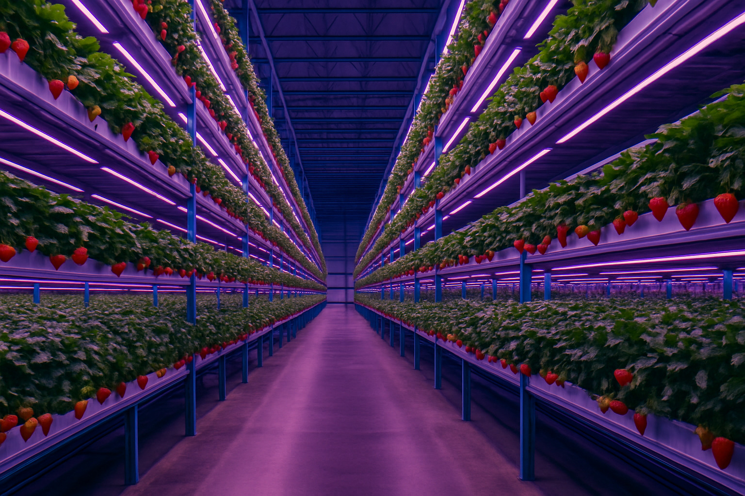 A maior plantação vertical de morangos do mundo produz 2 toneladas por dia sem usar solo e com 95% menos água — tudo dentro de um galpão nos EUA