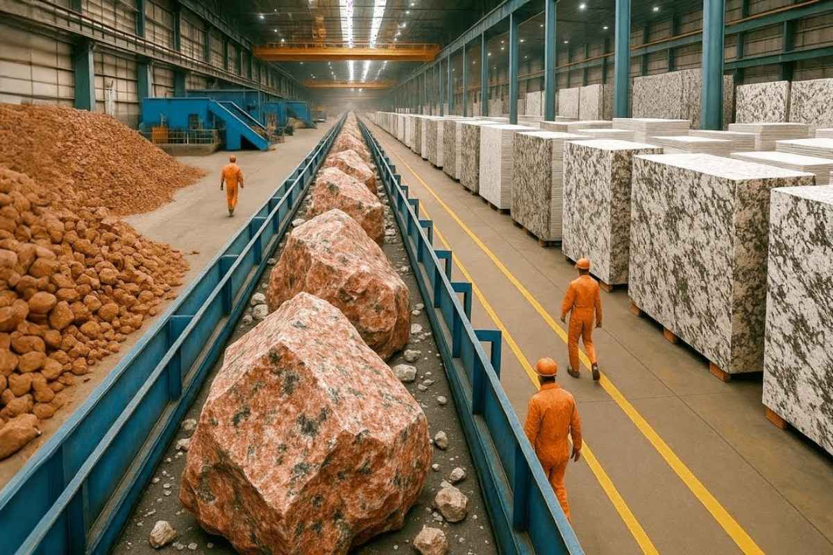 Do magma às pedreiras, o granito é cortado em placas de alta precisão, passa por polimento industrial e chega à arquitetura contemporânea como material resistente e brilhante.