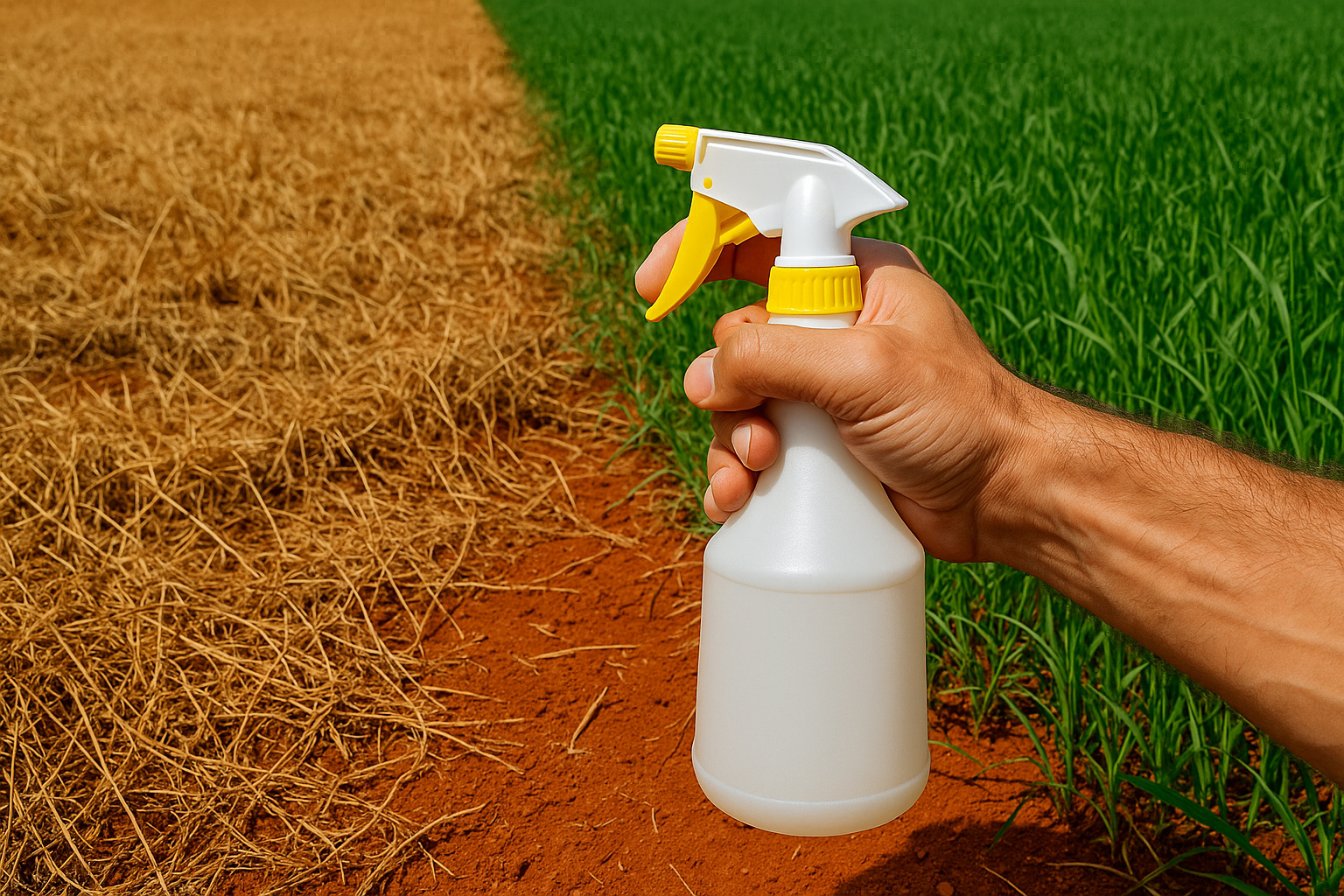 Aplicação de herbicida caseiro secando mato ao lado de área ainda verde.