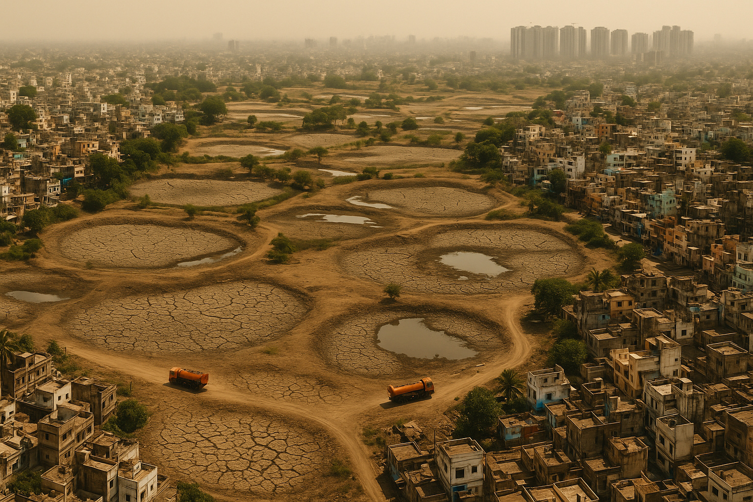 Vista aérea de Hyderabad com lagos secos e urbanização intensa.