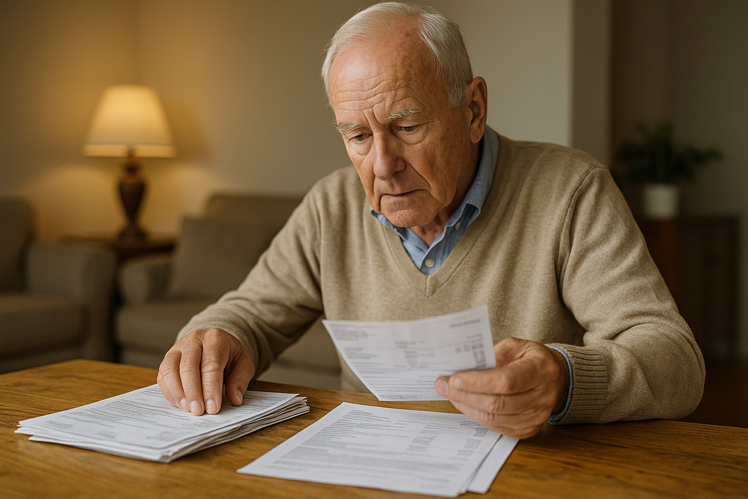 Idoso analisando contas sobre a mesa enquanto organiza documentos, representando benefícios financeiros e isenções para pessoas com 60+ no Brasil.