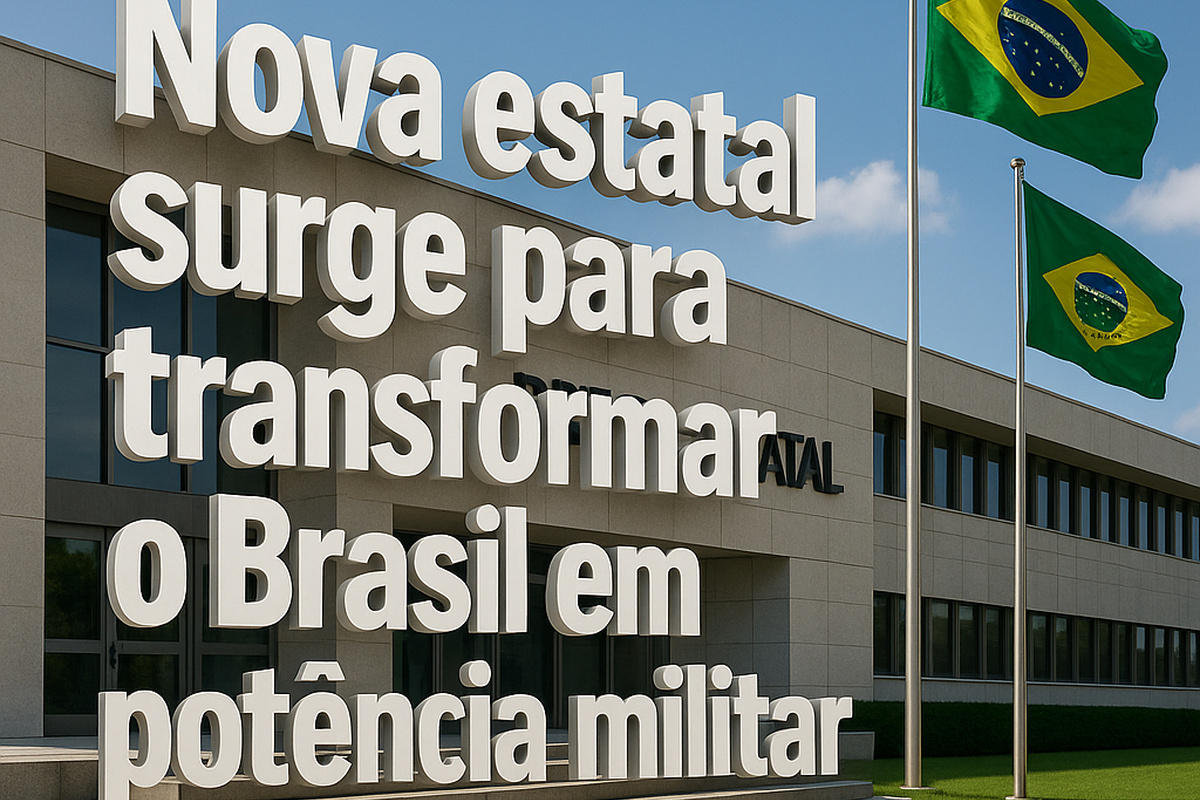 Fachada de prédio governamental moderno com bandeiras do Brasil, representando a criação da nova estatal ligada ao Exército.