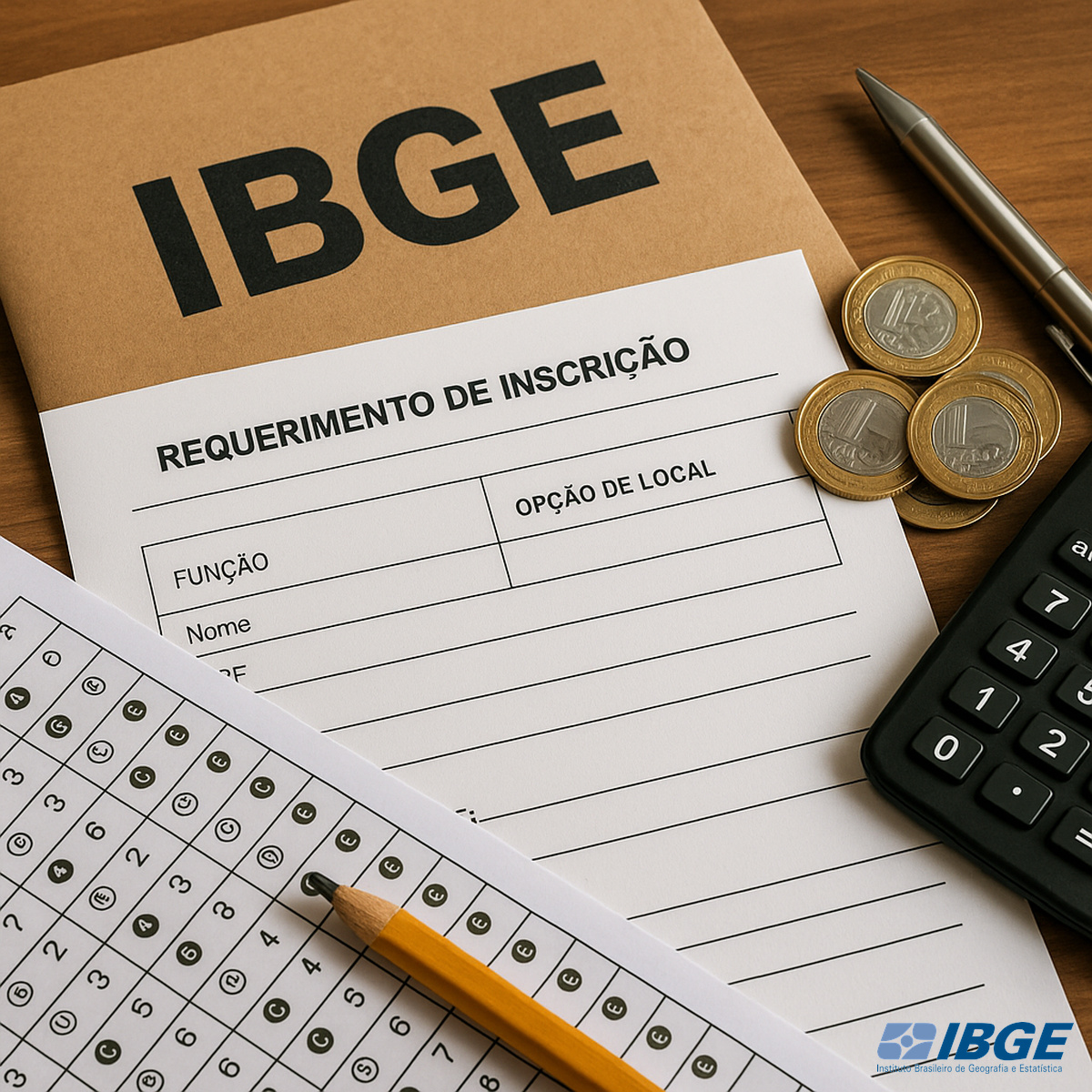 Formulários de inscrição do concurso do IBGE ao lado de moedas, lápis, calculadora e logo oficial, representando o processo seletivo e as etapas de participação.