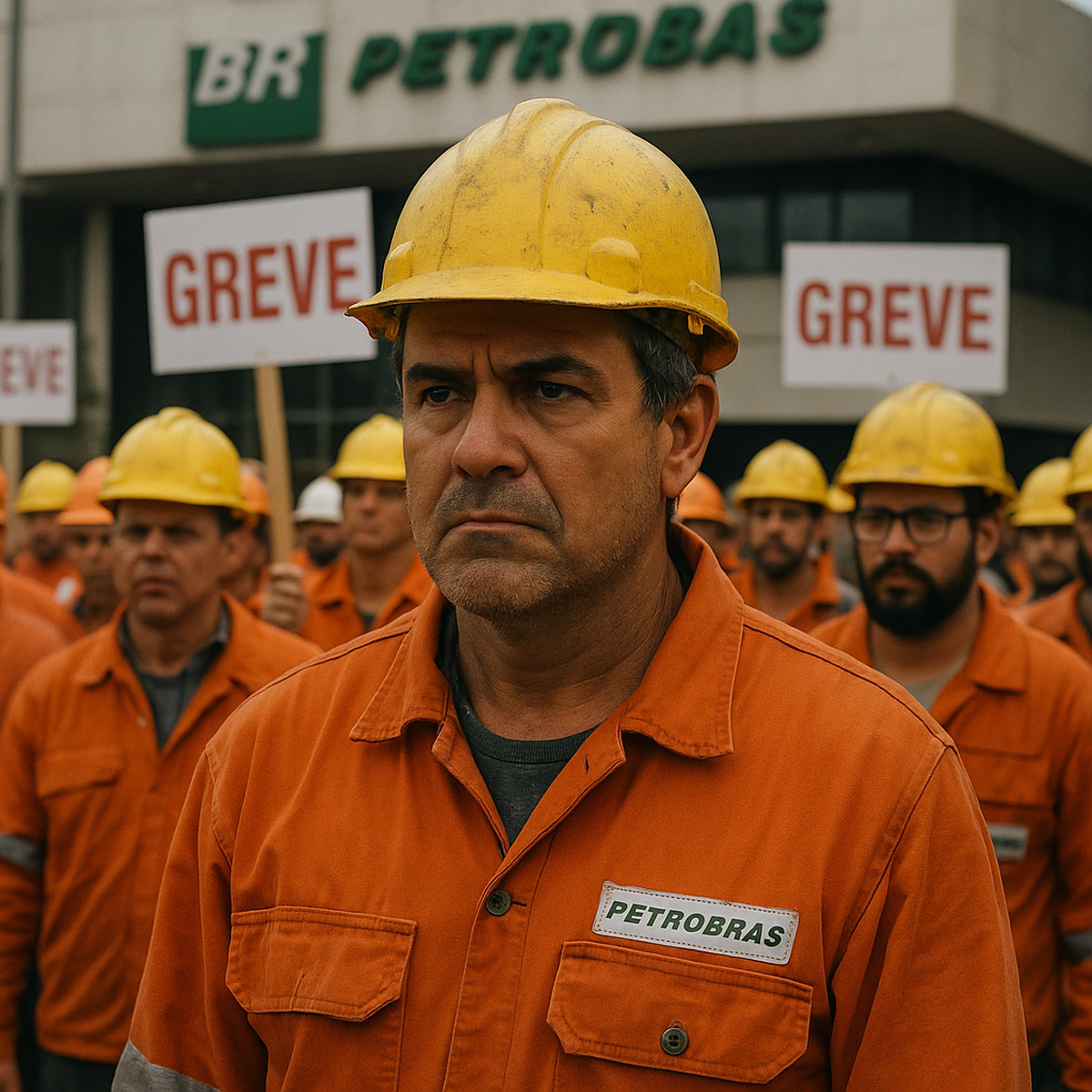 Petroleiros com uniformes laranja e capacetes amarelos em frente a unidade da Petrobras durante mobilização nacional por direitos trabalhistas.