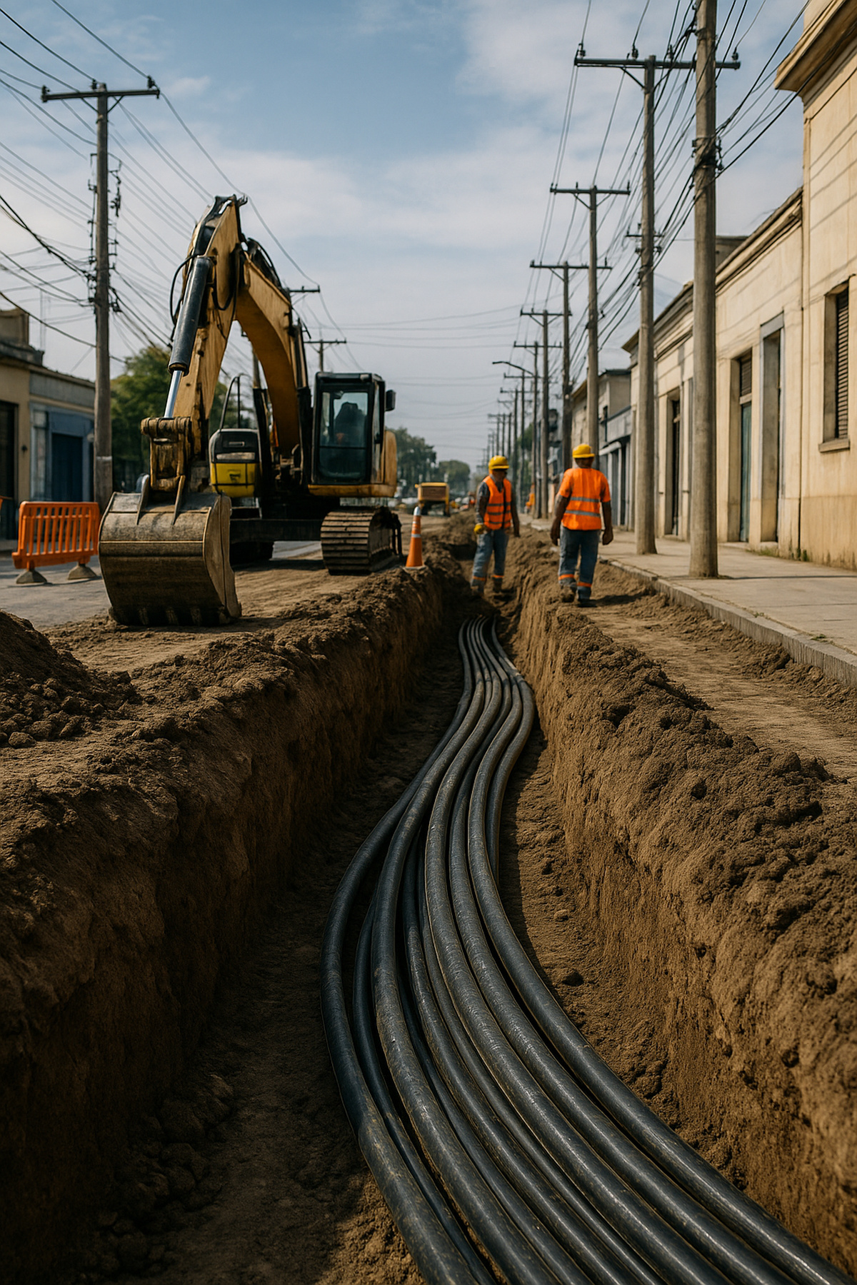 Obras de instalação de cabos subterrâneos com equipe técnica trabalhando em vala aberta para substituir fios aéreos por infraestrutura moderna.