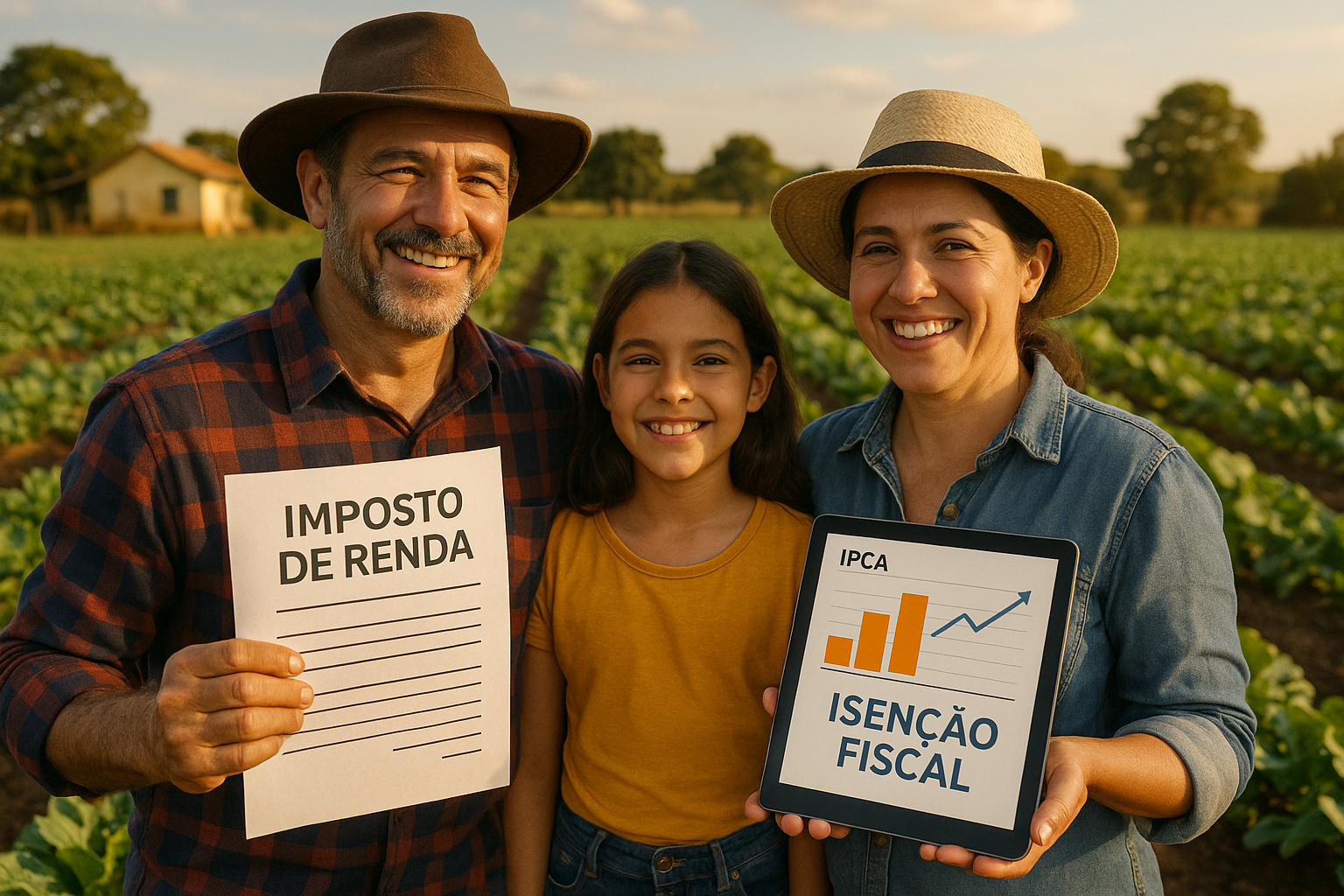 Família de produtores rurais comemorando isenção de até R$ 508 mil no Imposto de Renda.