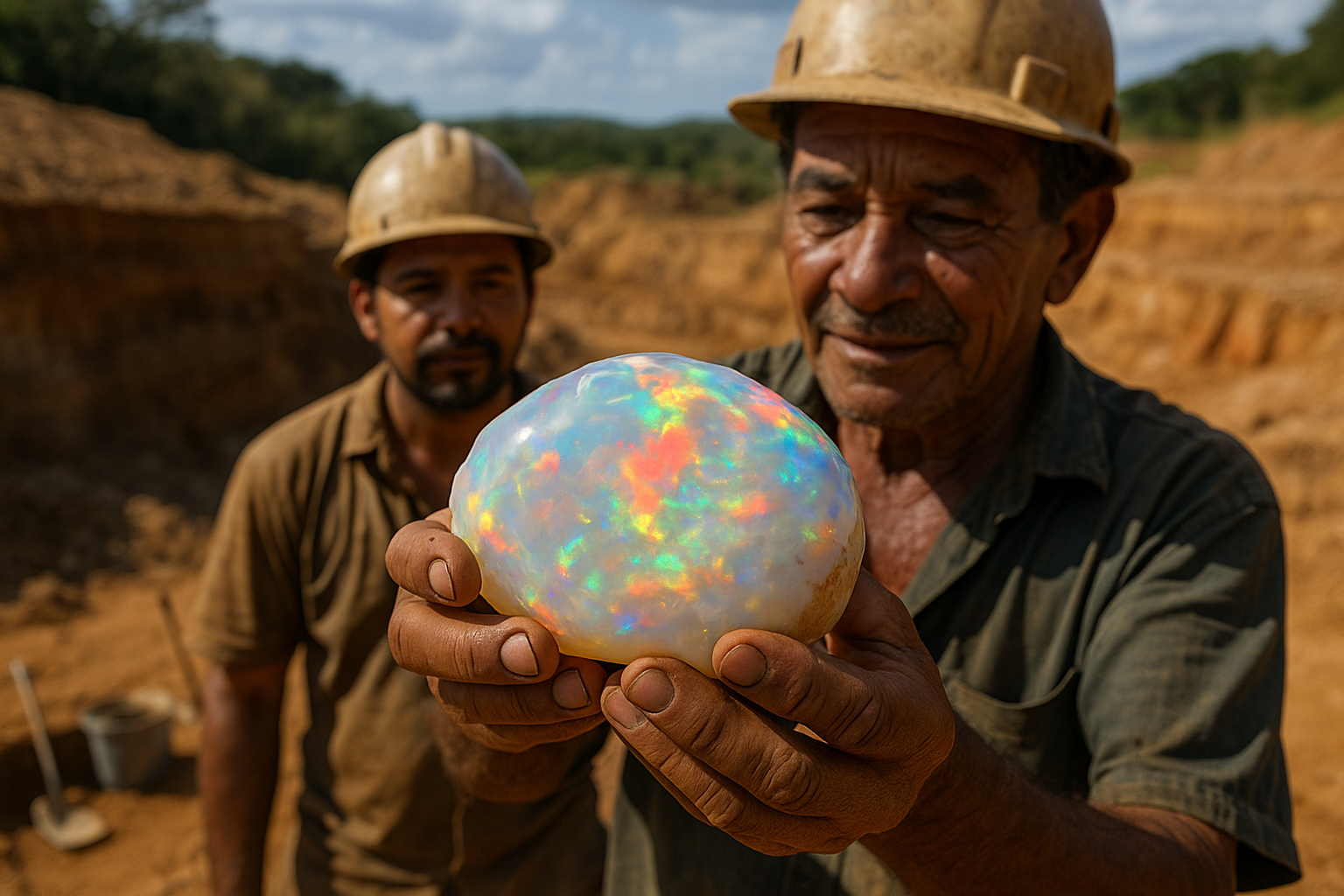 Minérios seguram grande opala rara em garimpo de Pedro II, refletindo as cores únicas e o valor geológico da gema piauiense
