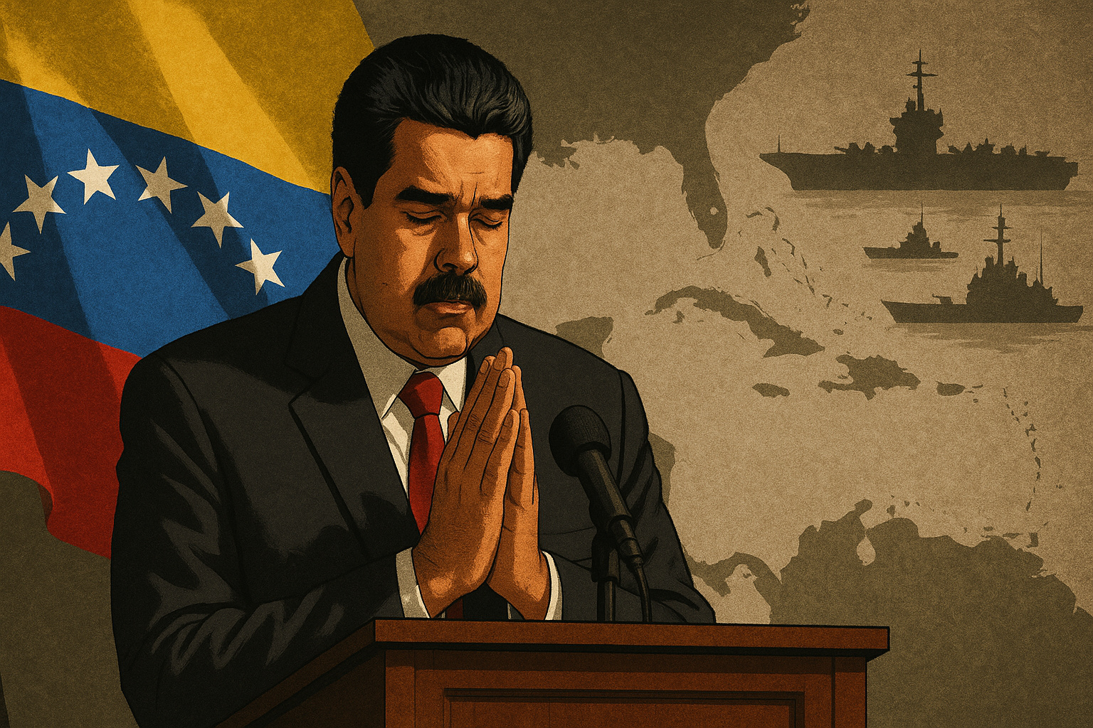 Nicolás Maduro em apelo religioso pedindo paz entre Venezuela e Estados Unidos durante tensão militar no Caribe.