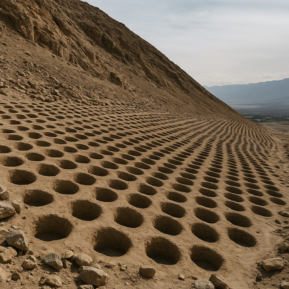 Formação escavada no Monte Sierpe com centenas de cavidades alinhadas, mostrando a estrutura usada por povos andinos para organização de trocas e registros.