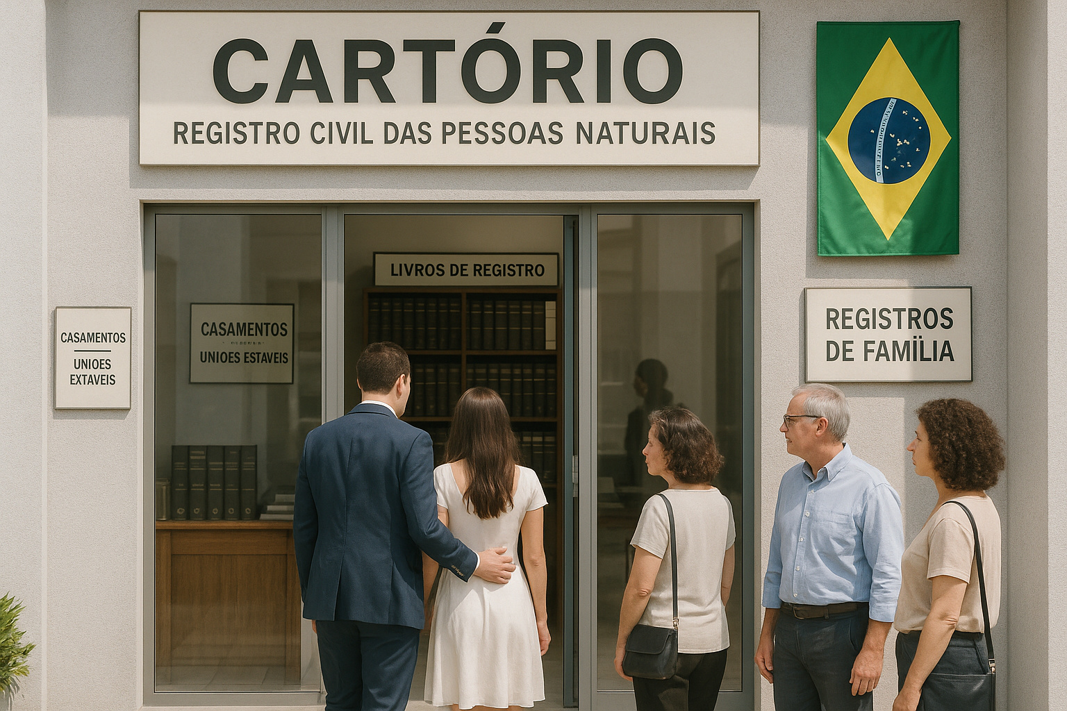Cartório brasileiro com pessoas entrando para registrar documentos, simbolizando mudanças do novo Código Civil.