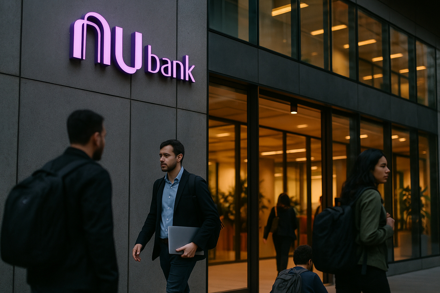Fachada do escritório do Nubank com logotipo roxo e funcionários entrando no prédio em dia de trabalho híbrido.