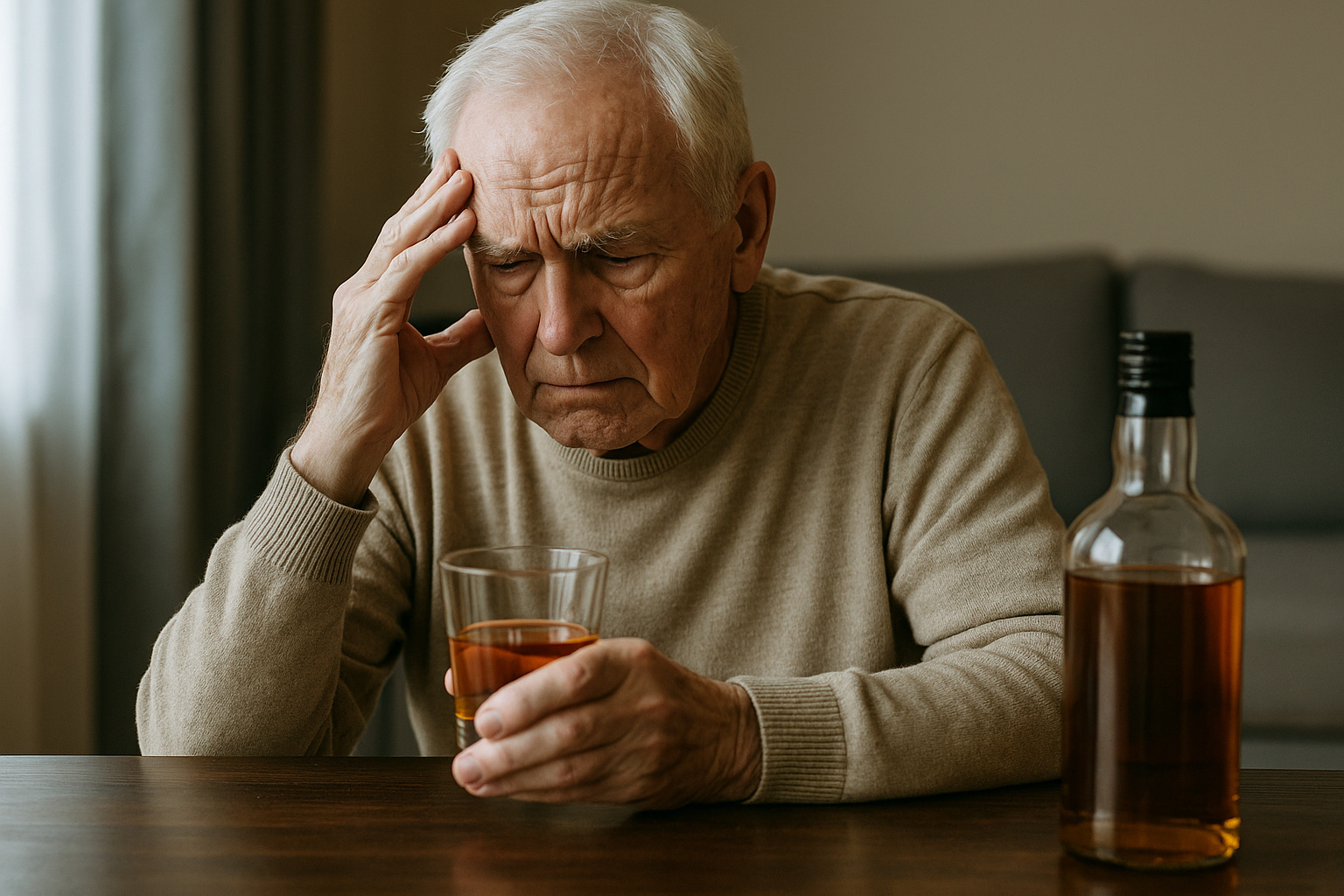 Idoso segurando copo de bebida alcoólica com expressão preocupada, ilustrando os riscos do consumo de álcool após os 65 anos.