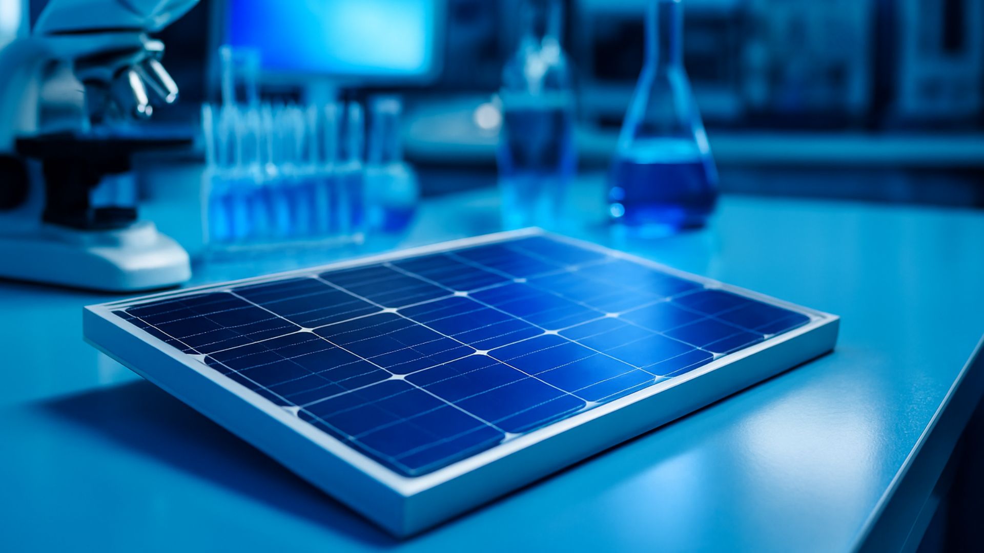 Painel solar sobre bancada de laboratório moderno com equipamentos científicos e iluminação azul tecnológica.