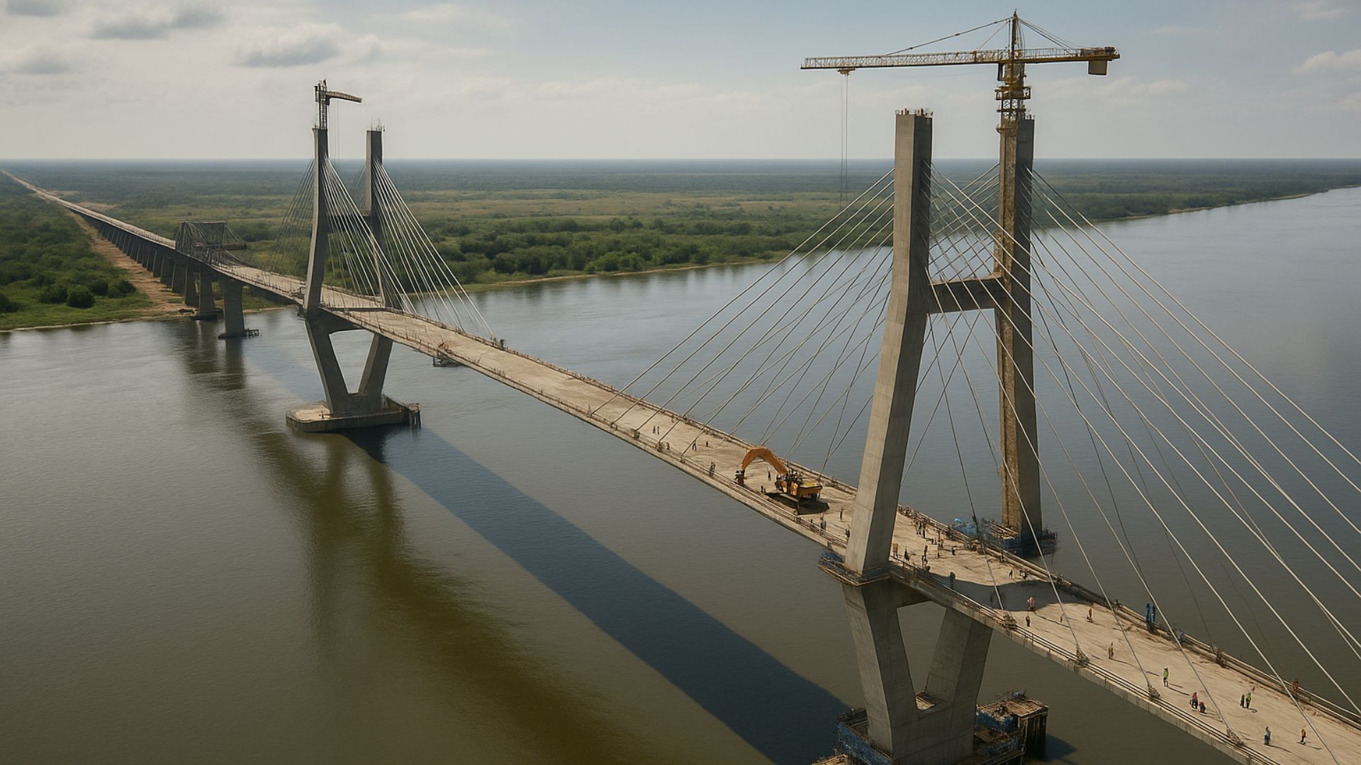 Ponte Bioceânica em construção com passarela gigante avançando sobre o Rio Paraguai.