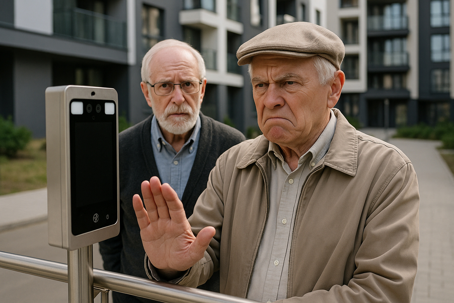 Morador diante de equipamento de reconhecimento facial em condomínio, representando risco de privacidade.