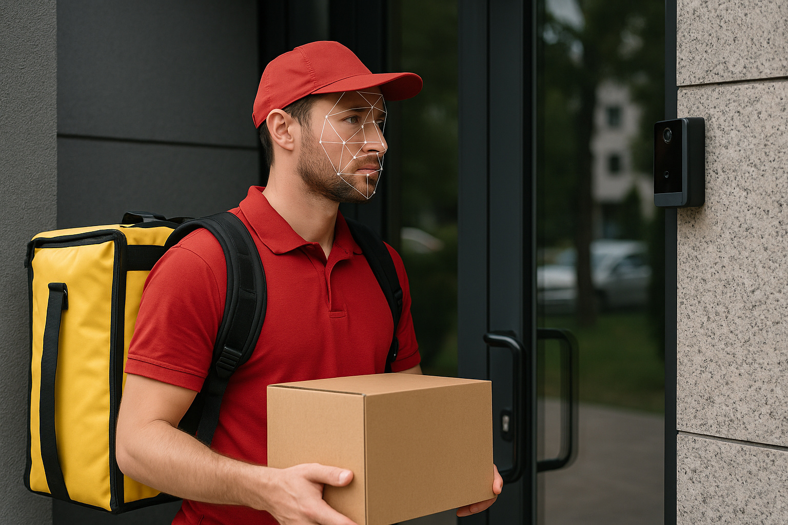 Entregador tendo o rosto escaneado por câmera de reconhecimento facial na portaria de um condomínio.