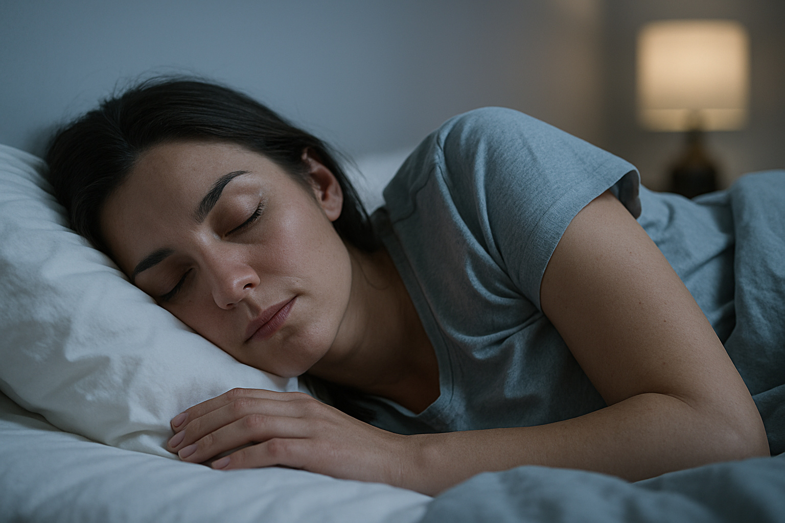 Mulher dormindo de forma tranquila em ambiente noturno, representando a importância da regularidade do sono para a saúde.