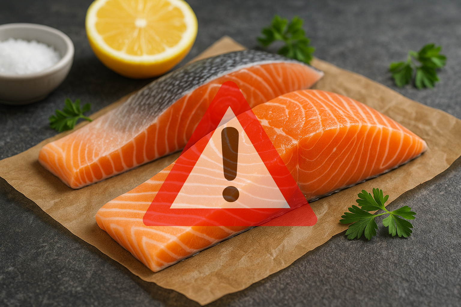 Filés de salmão de cativeiro com alerta visual sobre riscos de contaminação.