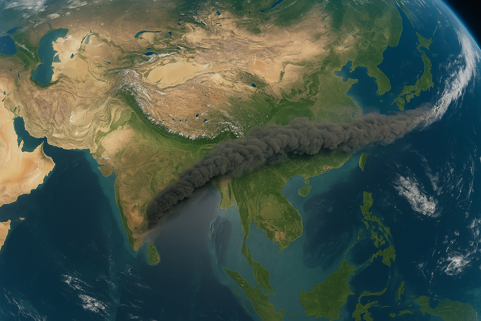Imagem realista de uma pluma de cinzas vulcânicas se estendendo por milhares de quilômetros entre a África e a Ásia, registrada por satélite.