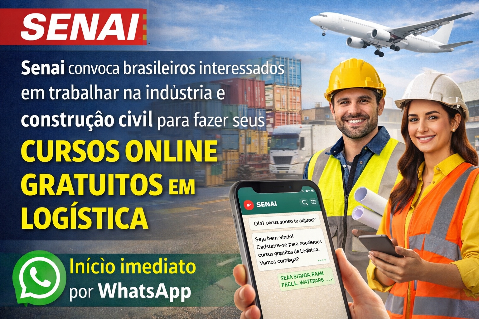 Senai libera cursos gratuitos online pelo WhatsApp; não há limite de idade e interessados de todo o Brasil podem aprender Logística e Edificações pelo celular, sem gastar R$ 1 real