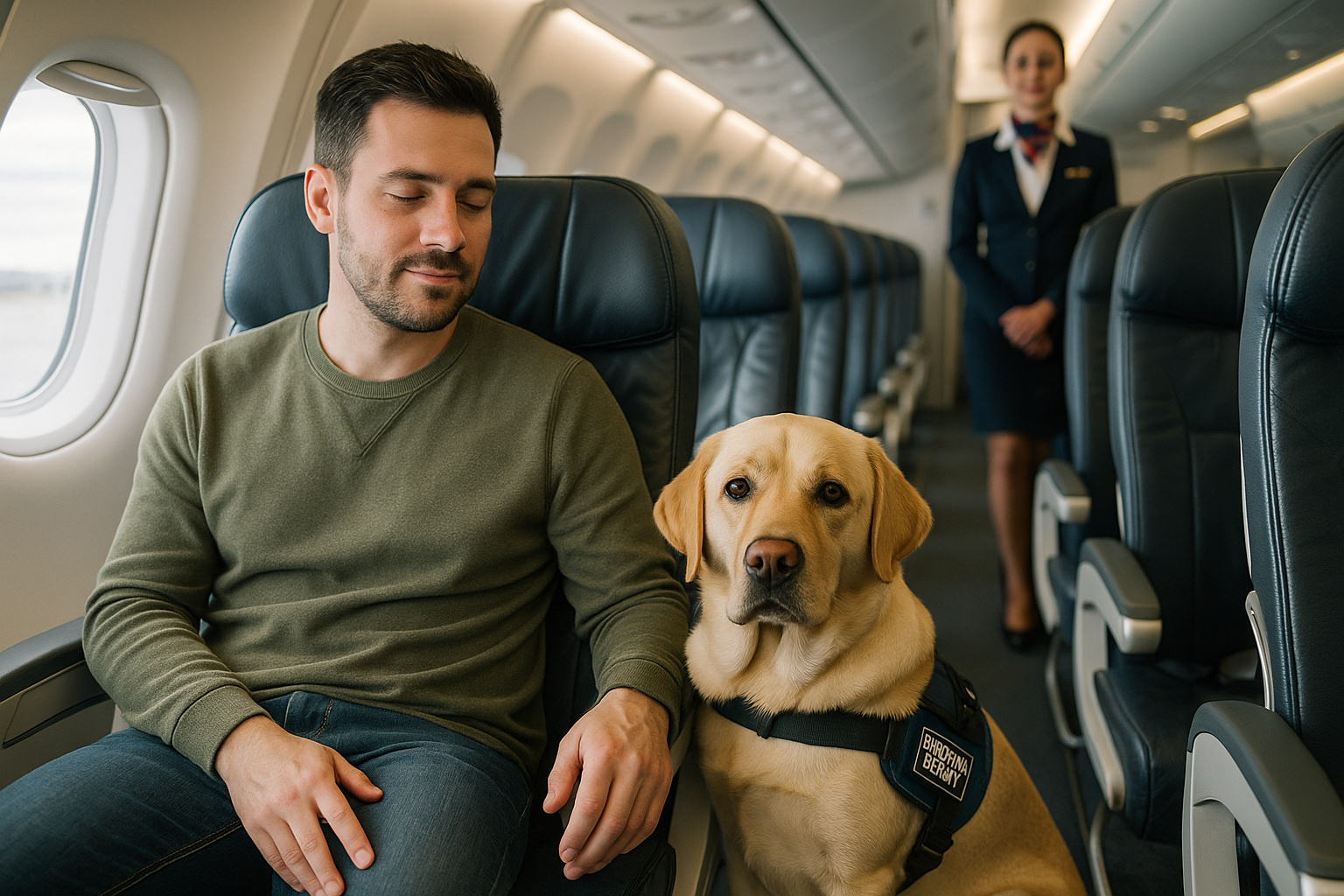 Passageiro em cabine de avião com cão de apoio emocional ao lado, simbolizando mudanças nas regras do transporte aéreo após decisão do STF.