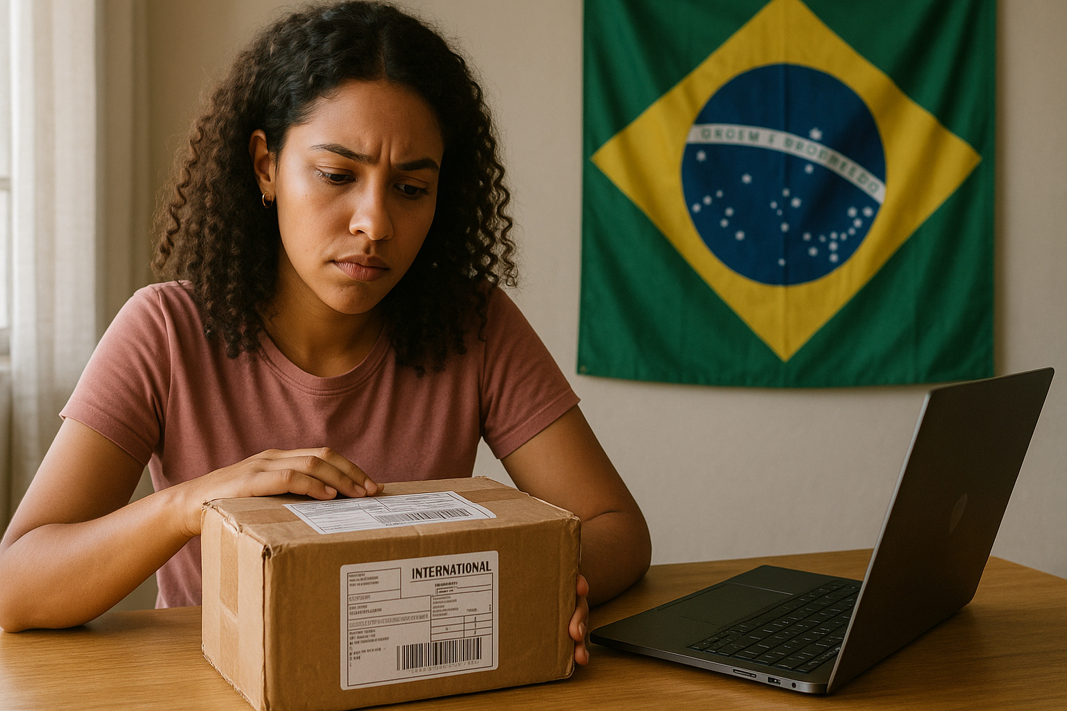 Mulher observa pacote internacional simbolizando o impacto da taxa das blusinhas nas compras online no Brasil.