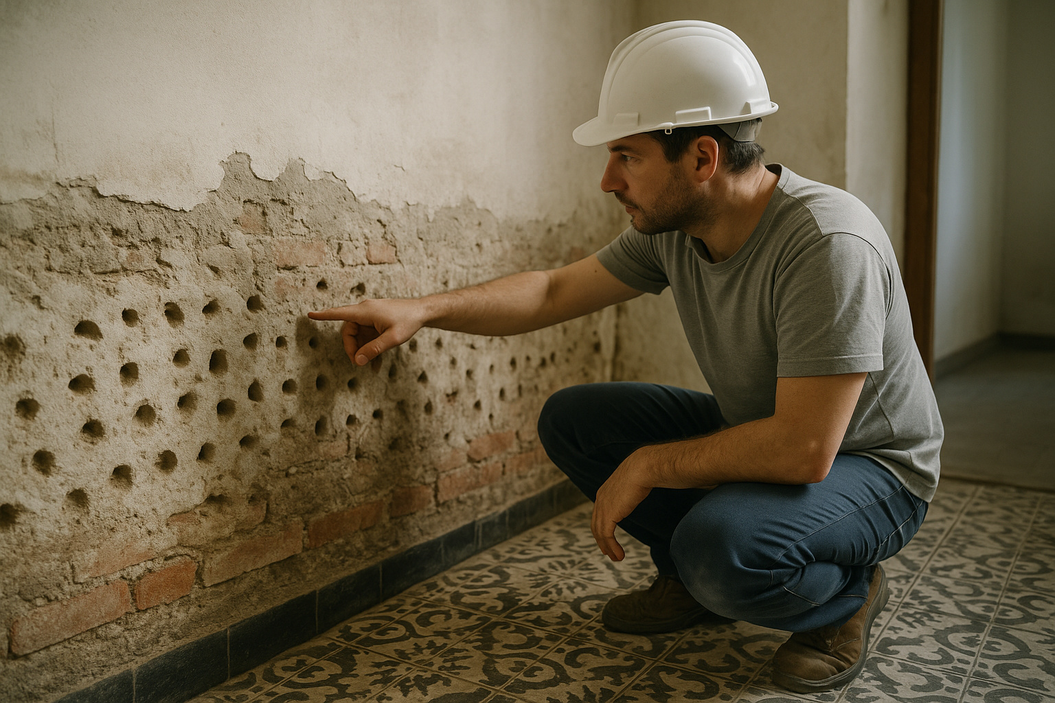 Parede sendo tratada contra umidade ascendente com aplicação de barreira química no rodapé.