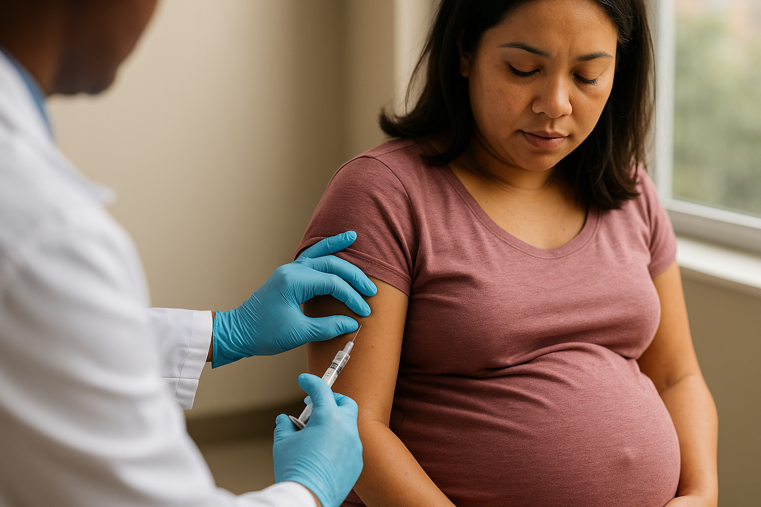 Gestante recebendo vacina aplicada por profissional de saúde para proteção contra o VSR.