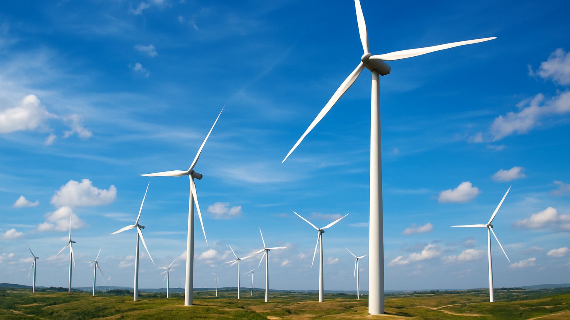 Parque eólico com turbinas brancas em meio a uma paisagem verde sob céu azul com nuvens, representando energia renovável e sustentabilidade.