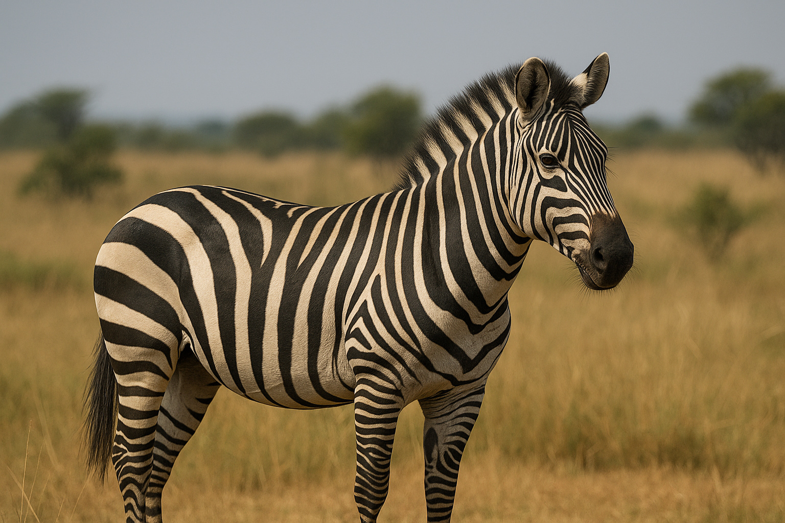 Zebra em ambiente de savana, destacando sua postura vigilante e comportamento naturalmente reativo.