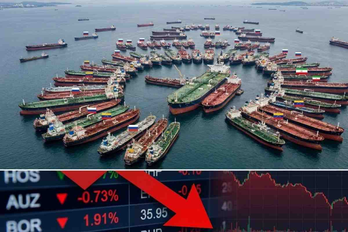 Barris de petróleo encalhados afetam o mercado de petróleo, sob sanções da Rússia e derrubam o preço do Brent, criando incerteza global.