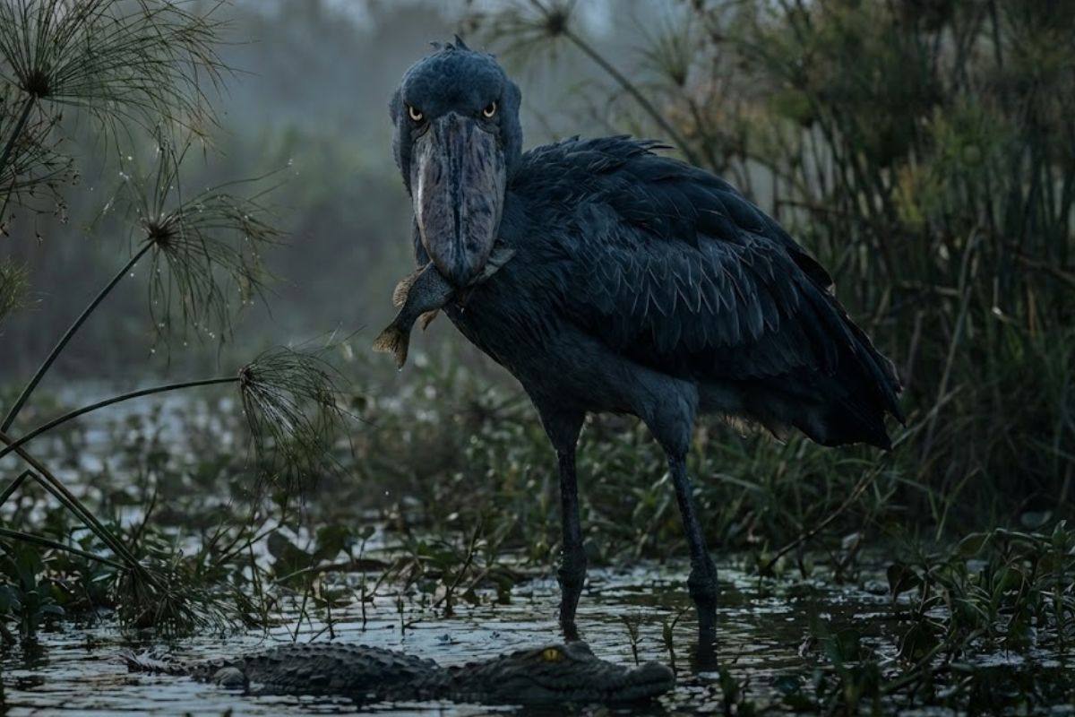 A ave pré-histórica que parece dinossauro, a cegonha-bico-de-sapato, vive em pântanos na África, caça peixes e crocodilos jovens e fascina amantes da natureza pela aparência única