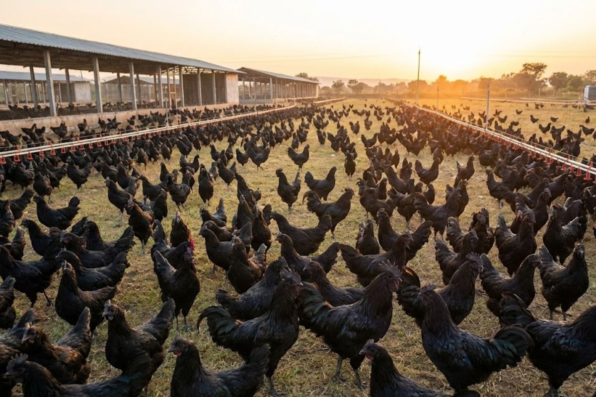 A criação de galinha preta abastece nichos gourmets com carne preta e carne diferenciada de galinha preta, tratada como superalimento rico em proteína e baixo em gordura.