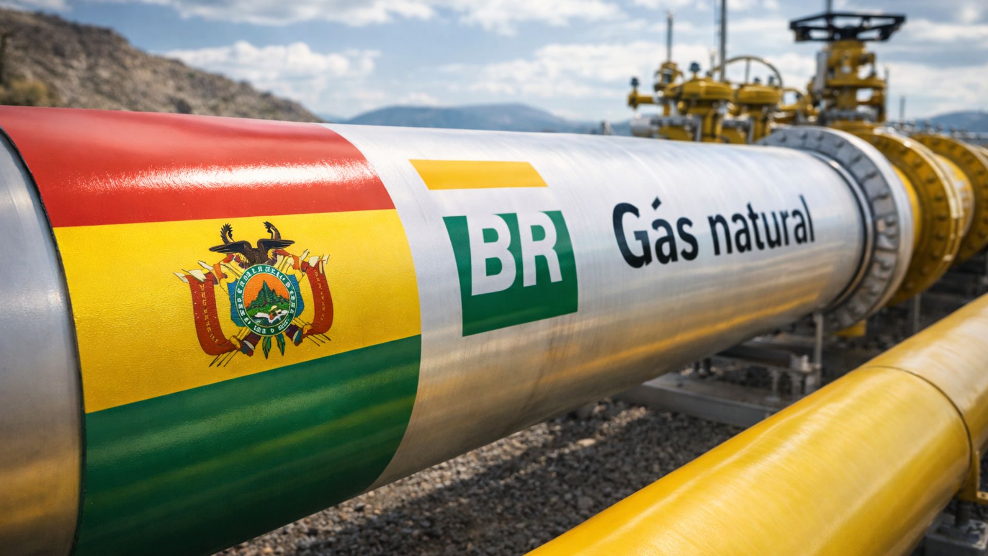 Imagem de um grande gasoduto industrial com a tubulação em destaque, exibindo a bandeira da Bolívia e o logotipo da Petrobras, com a inscrição “Gás natural”, representando a importação de gás boliviano para o Brasil em infraestrutura energética