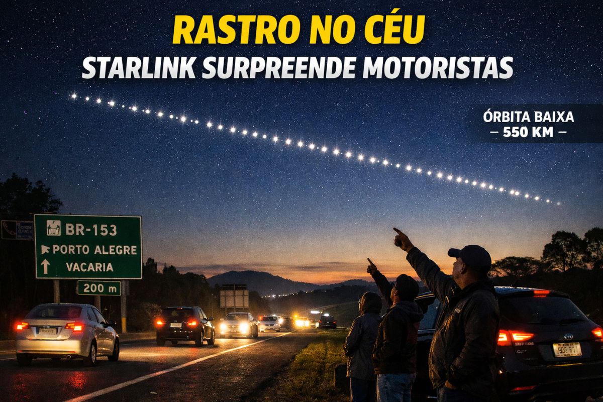 Após lançamento na Califórnia, satélites da Starlink formam rastro luminoso visível no Sul do Brasil, surpreendem motoristas, cruzam o céu a alta velocidade e explicam como órbita (1)