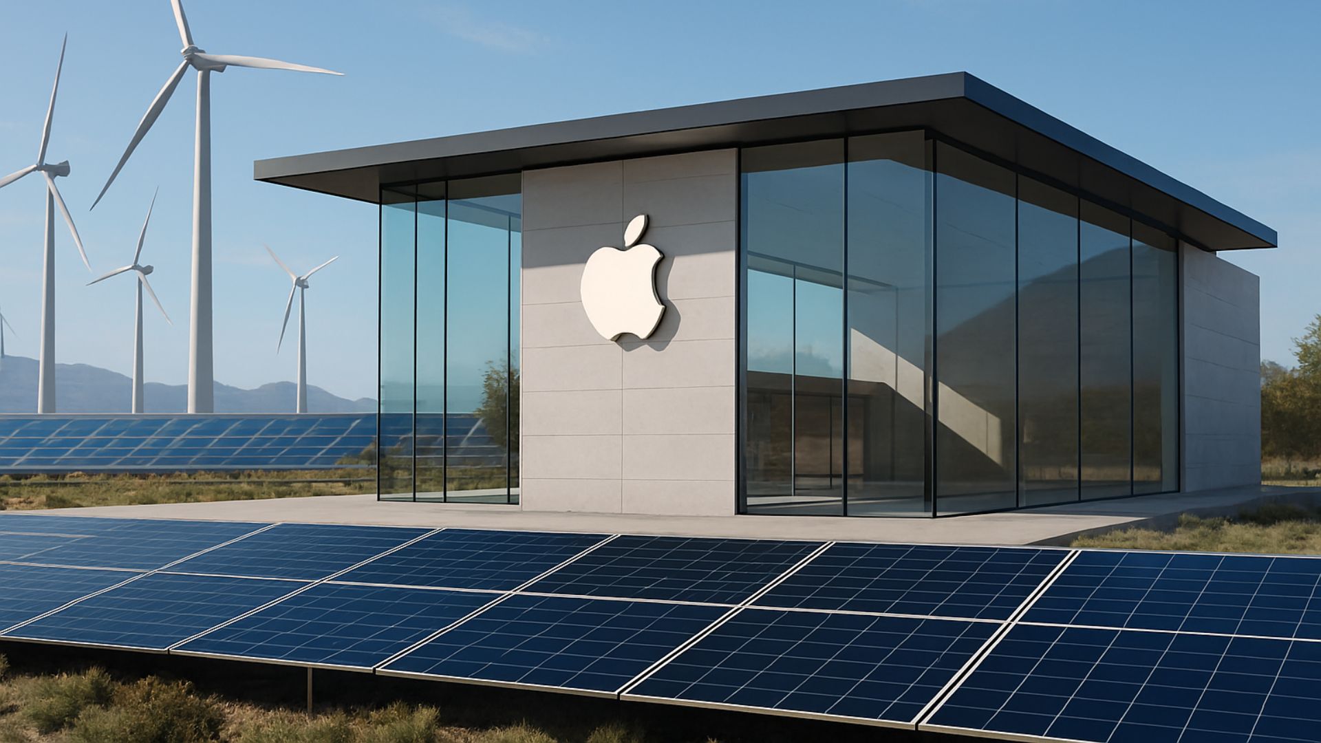 Unidade da Apple com fachada moderna em meio a painéis solares e turbinas eólicas, representando compromisso com energia renovável.