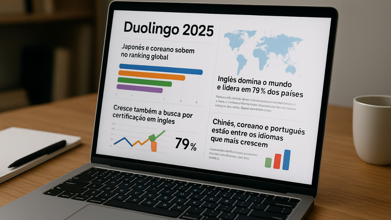 Duolingo 2025 revela mudanças no ranking global, crescimento no aprendizado de idiomas e domínio do inglês em 154 países.