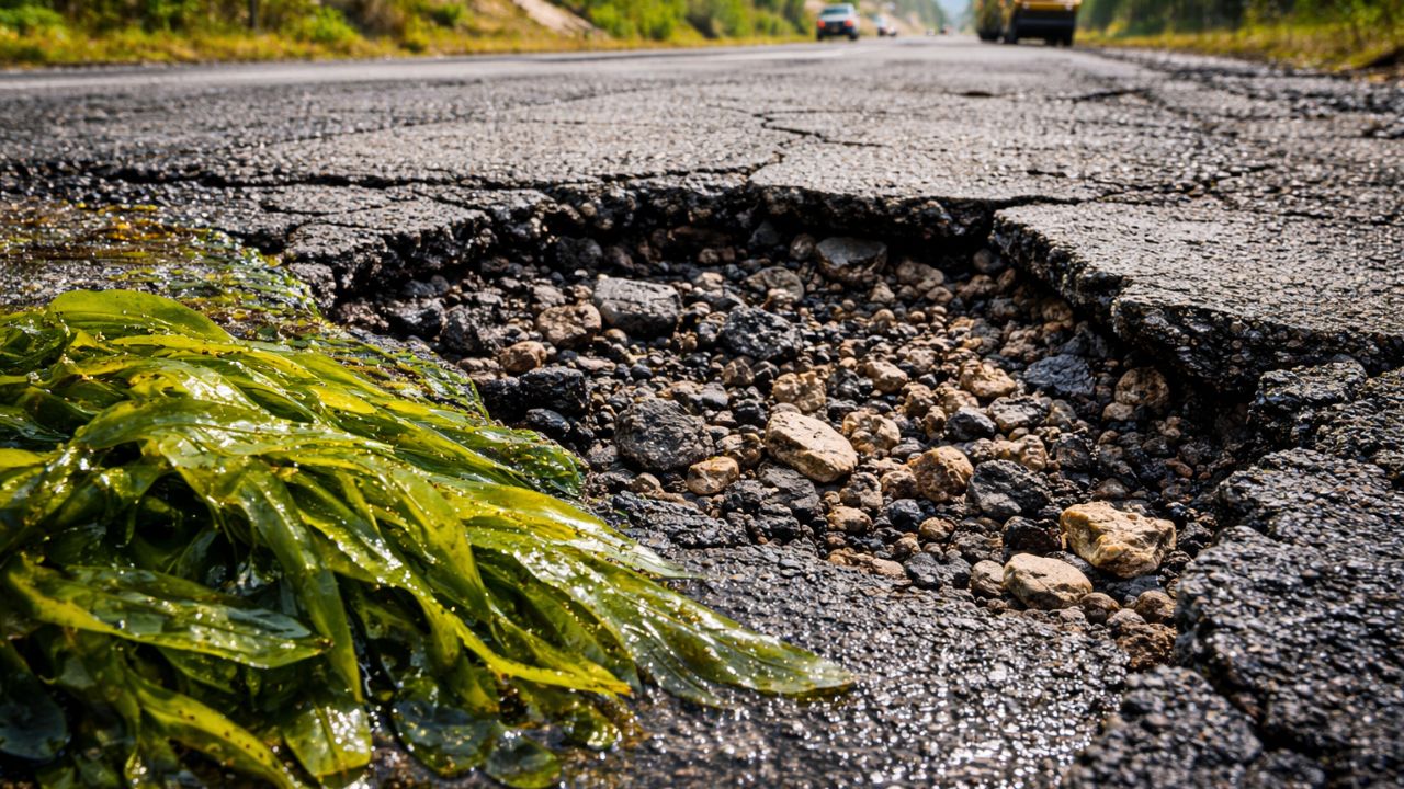 Asfalto com ligante de algas promete recuperar até 70% das deformações, reduzir emissões em 4,5% por ponto usado e criar rodovias mais duráveis, flexíveis