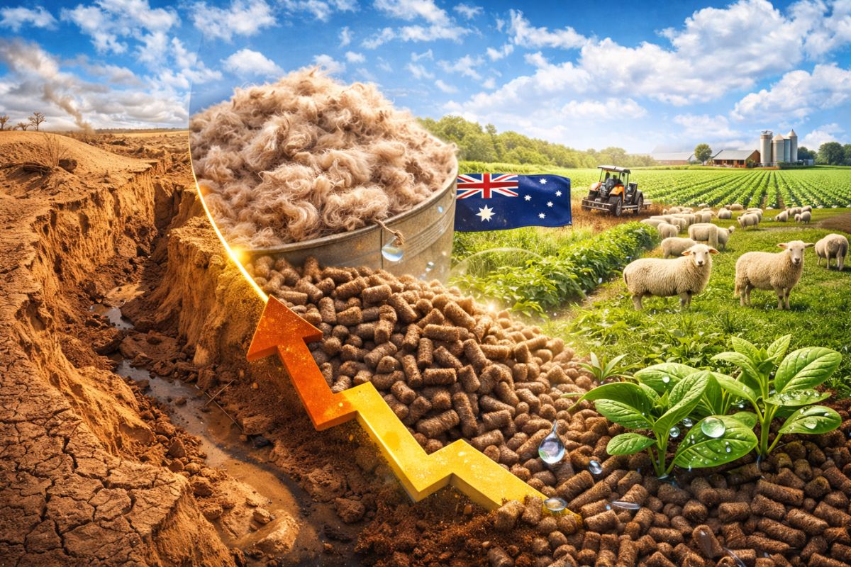 Austrália enfrenta erosão severa, perde milhões de hectares, mas transforma lã descartada em pellets agrícolas que retêm água, recuperam solos, reduzem perdas e criam nova indústria (1)
